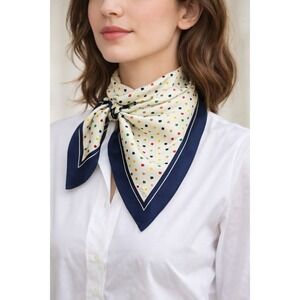 Vintage Echo Silk Blend Scarf Multicolor Heart Print Navy Border 21" Japan *SEE